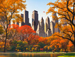 central park in autumn season with beautiful fall foliage. Drawing Autumn in New York City. New york skyscrapers view from central park. generative AI