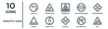 Traffic Sign Outline Icon Set Such As Thin Line Turn Left, Crosswalk, Narrow Bridge, Height Limit, No Turn Right, Hill, Uneven Icons For Report, Presentation, Diagram, Web Design