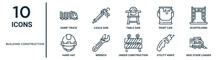 Building Construction Outline Icon Set Such As Thin Line Dump Truck, Table Saw, Scaffolding, Wrench, Utility Knife, Skid Steer Loader, Hard Hat Icons For Report, Presentation, Diagram, Web Design