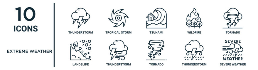 extreme weather outline icon set such as thin line thunderstorm, tsunami, tornado, thunderstorm, thunderstorm, severe weather, landslide icons for report, presentation, diagram, web design