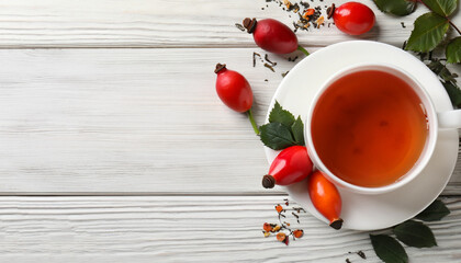 Wall Mural - Flat lay composition with aromatic rose hip tea on white wooden table. Space for text