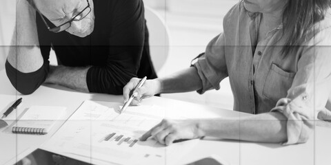 Poster - Coworkers having a business discussion, geometric pattern