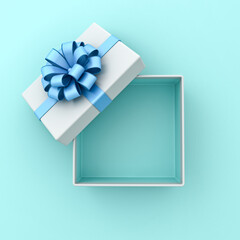 Fototapete - Blank open white gift box with cyan blue bottom inside or top view of opened present box with blue ribbon and bow isolated on light blue pastel color background minimal concepts 3D rendering