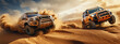 Two 4x4 off-road trucks racing bashing sand dunes in the desert. Generative AI