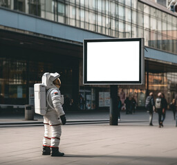 Astronaut looking at display blank clean screen or signboard mockup for offers or advertisement on a city street with people walking by