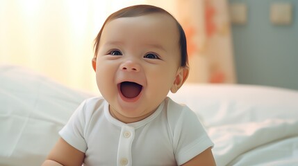 Wall Mural - Happy smiling baby lies on the bed created with Generative AI technology.