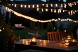 A summer evening on the patio of a beautiful suburban house with lights in the garden