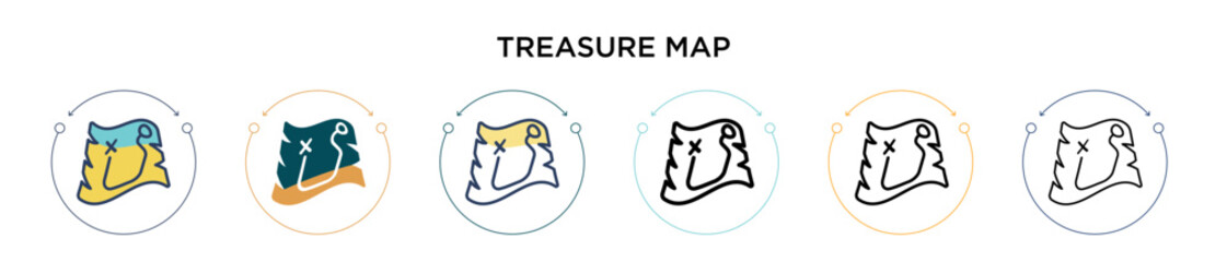 Wall Mural - Treasure map icon in filled, thin line, outline and stroke style. Vector illustration of two colored and black treasure map vector icons designs can be used for mobile, ui, web