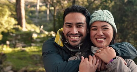 Poster - Hiking, couple face and outdoor in woods with freedom on a backpack travel journey in nature park. Trekking, fitness and wellness with happy Asian people on a adventure in forest with a smile