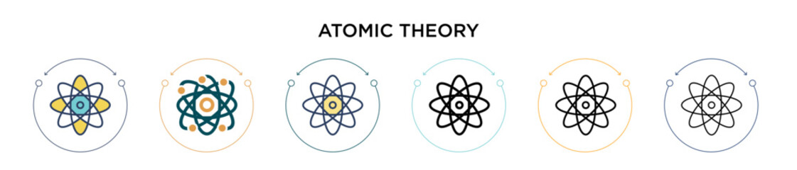 Atomic theory icon in filled, thin line, outline and stroke style. Vector illustration of two colored and black atomic theory vector icons designs can be used for mobile, ui, web