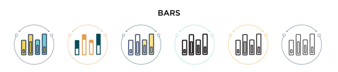 Bars icon in filled, thin line, outline and stroke style. Vector illustration of two colored and black bars vector icons designs can be used for mobile, ui, web