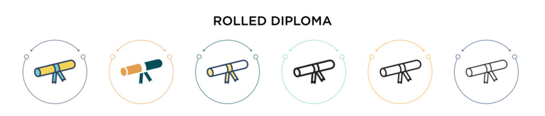 Rolled diploma icon in filled, thin line, outline and stroke style. Vector illustration of two colored and black rolled diploma vector icons designs can be used for mobile, ui, web