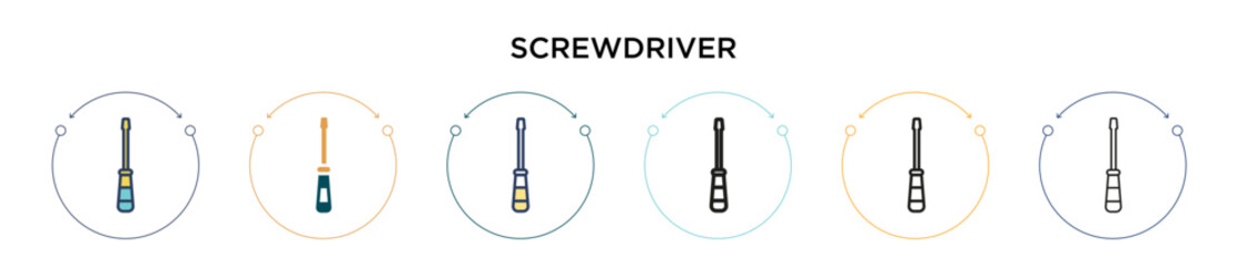 Screwdriver icon in filled, thin line, outline and stroke style. Vector illustration of two colored and black screwdriver vector icons designs can be used for mobile, ui, web