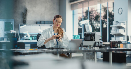 Leinwandbilder - Portrait of Professional Female Scientist Working in Industrial Lab Using Laptop Computer. Successful Project Manager Making Strategy Plans for Industrial Production Company, Using Advanced Technology