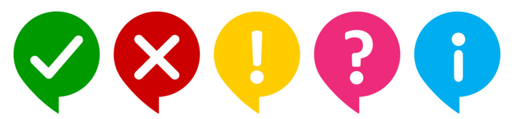 Aufkleber - Set of flat thinking circle icons-check mark, cross, X mark, exclamation point, question mark and information mark vector. Tick, cross, cut, exclamatory, question and info mark set in thinking circle.