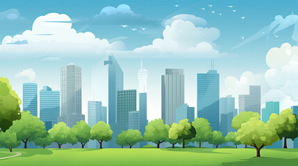 city landscape with trees and clouds