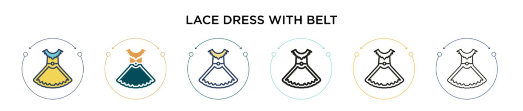 Lace dress with belt icon in filled, thin line, outline and stroke style. Vector illustration of two colored and black lace dress with belt vector icons designs can be used for mobile, ui, web