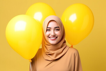 Wall Mural - Portrait of happy satisfied smiling young muslim woman wearing hijab and holding helium balloons on a yellow background for celebration holiday day