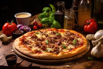 Italian food pizza on rustic kitchen