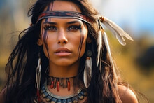 Portrait Of Beautiful Indigenous Woman From The Amazon With Ritual Paintings On Face And Wearing Headdresses Feathers Looking At The Camera
