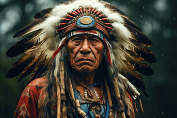 Portrait of elder serious wrinkled indigenous man from the Amazon with ritual paintings on face and wearing headdresses feathers looking at the camera