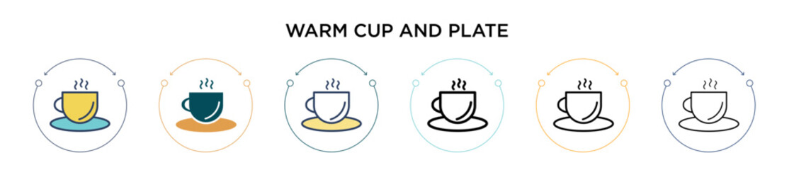 Warm cup and plate icon in filled, thin line, outline and stroke style. Vector illustration of two colored and black warm cup and plate vector icons designs can be used for mobile, ui, web