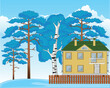 Landscape winter wood and small comfortable building