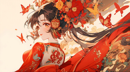 Wall Mural - Hand-painted cartoon beautiful animation Chinese costume girl illustration