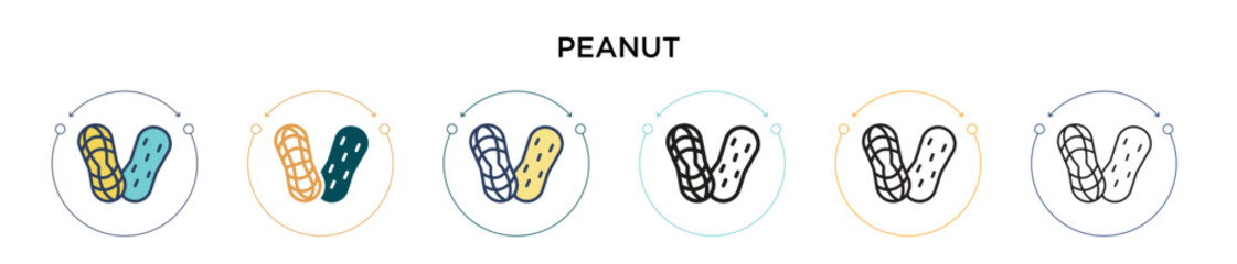 Peanut icon in filled, thin line, outline and stroke style. Vector illustration of two colored and black peanut vector icons designs can be used for mobile, ui, web