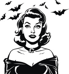 Halloween illustration  woman and flying bats them, Happy halloween Vector Illustration, SVG