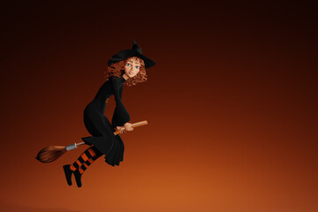 Cartoon Halloween witch flying on broom on yellow background. 3d render