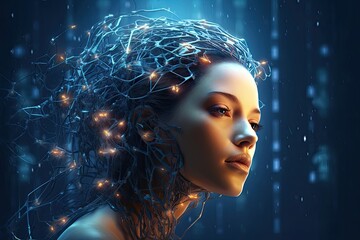 Wall Mural - Womans head with nodes photo realistic illustration - Generative AI.