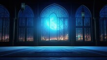 Blue Color Moon Light Shine Through The Window Into Islamic Mosque Interior With Arabic Pattern