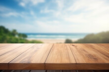 Web Concept Suitable For Advertising And Banners With A Wooden Deck In Front Of A Mountain View With Copy Space Against A Beautiful Blue Sky And Sea.