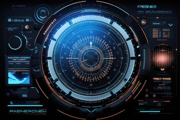Abstract technology hud interface hologram elements neon lights, circle percent vitality innovation on hi tech future design. Generative AI
