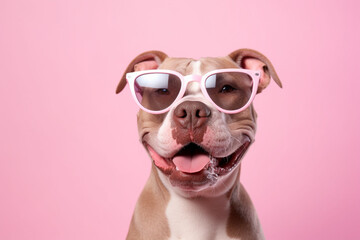 Wall Mural - Staffordshire Terrier dog with sunglasses on pastel background.