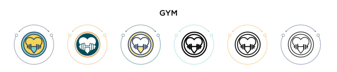 Wall Mural - Gym icon in filled, thin line, outline and stroke style. Vector illustration of two colored and black gym vector icons designs can be used for mobile, ui, web