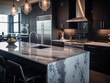 Fotografía que muestra una cocina contemporánea, resplandecientes encimeras de mármol frente a gabinetes mate en negro.