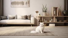 Generative AI, Fluffy White Cat Lies On The Carpet In The Living Room, Beloved Pet, Modern Interior In The Apartment, Own Housing, Real Estate, Keeping Animals