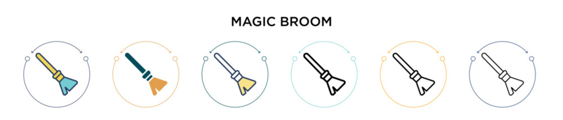 Magic broom icon in filled, thin line, outline and stroke style. Vector illustration of two colored and black magic broom vector icons designs can be used for mobile, ui, web