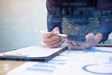 Businessman work virtual graphic global internet connection, Artificial Intelligence, Futuristic technology transformation.