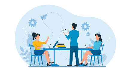 Wall Mural - vector of business people in an office brainstorming new ideas and plans