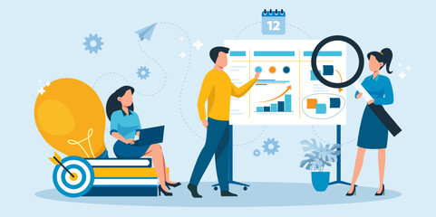 Wall Mural - businesspeople vector, business analyst team tracking financial reports and investments