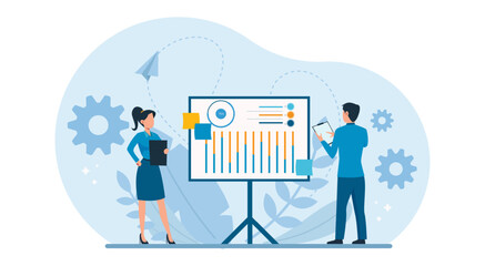 Vector of business marketing team planning, analyzing financial reports and data to increase revenues