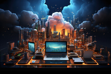 Laptop and social media technology with interface, the cloud computing concept and related hardware, Ai generative.