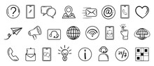 Contact Us Icon Collection In Hand Drawn Doodle Outline Style. Vector Set With Customer Support Black And White Symbols - Chat, Email, Phone And Others