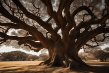 A Huge Tree With Many Offshoots From The Trunk And Thick Strong Roots. The Concept Of A Row Tree
