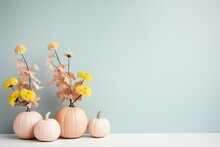 Minimal Trendy Thanksgiving Halloween Background, Banner With Pastel Pumpkins With Copy Space. Autumn Holidays Decoration Arrangement With Pastel Pumpkins And Flowers