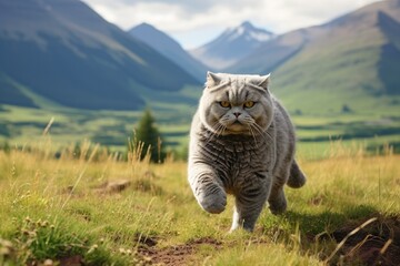 Wall Mural - Scottish cat gray hair in the wild and mountain background. Generative AI