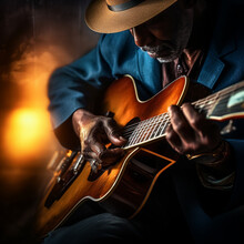 Bluesman Play On Guitar Blues Rock Under Stage Light. Festival Music Concert With Songs. Black Skin Guitarist In Hat. Retro Style.	